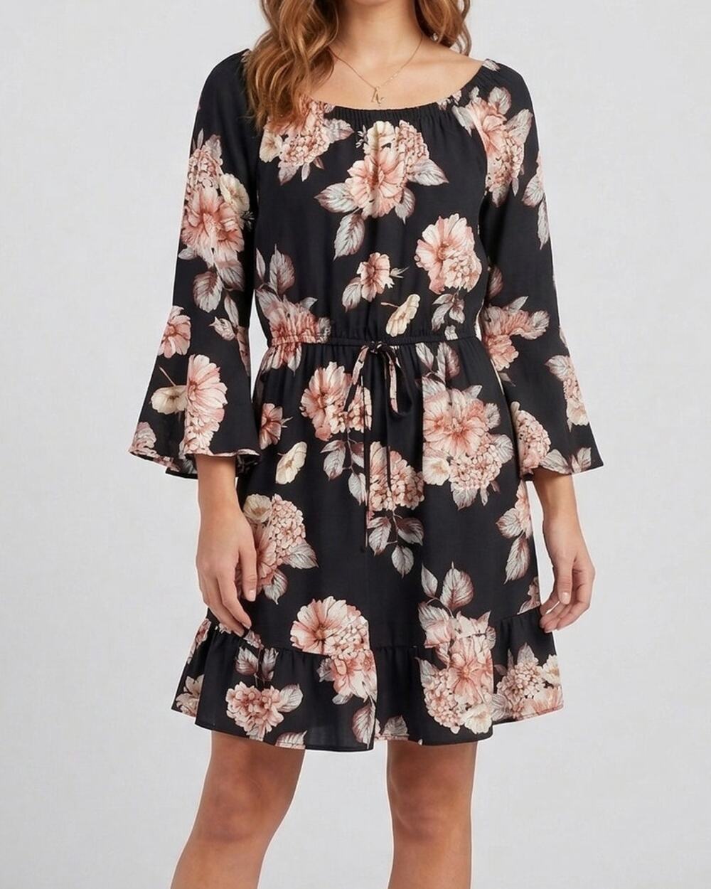 Xhilaration Medium Polyester Dress Bell Sleeve Black Pink Floral Roses